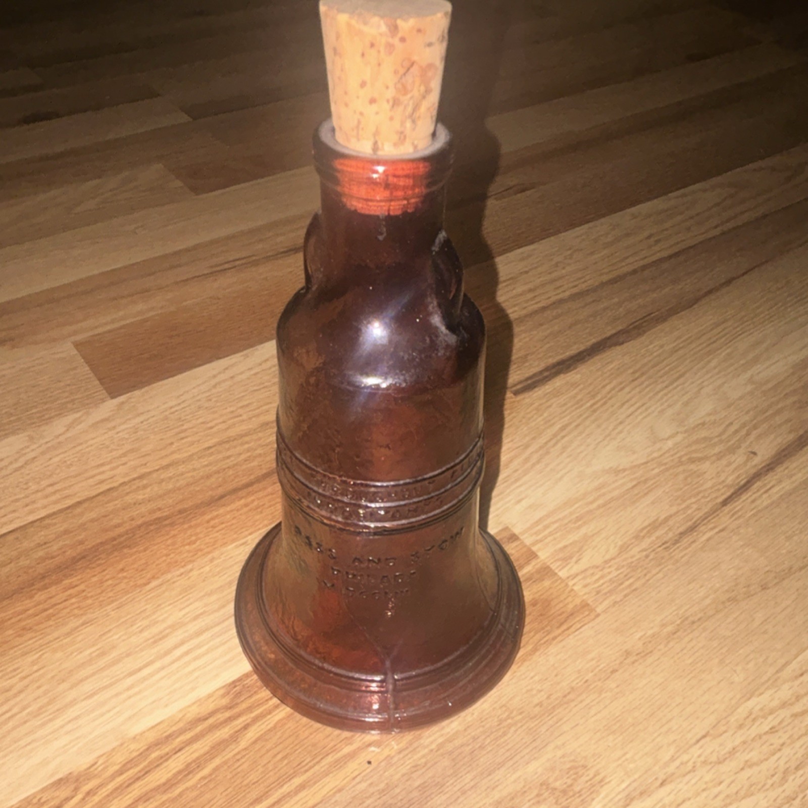 A. Overholt Brown Amber Glass Liquor Bottle w/ Cork Stopper, Embossed Text