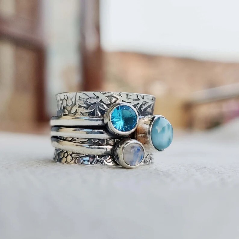 Blue Topaz, Moonstone, Larimar Ring Solid 925 Silver Spinner Ring All Size SR676