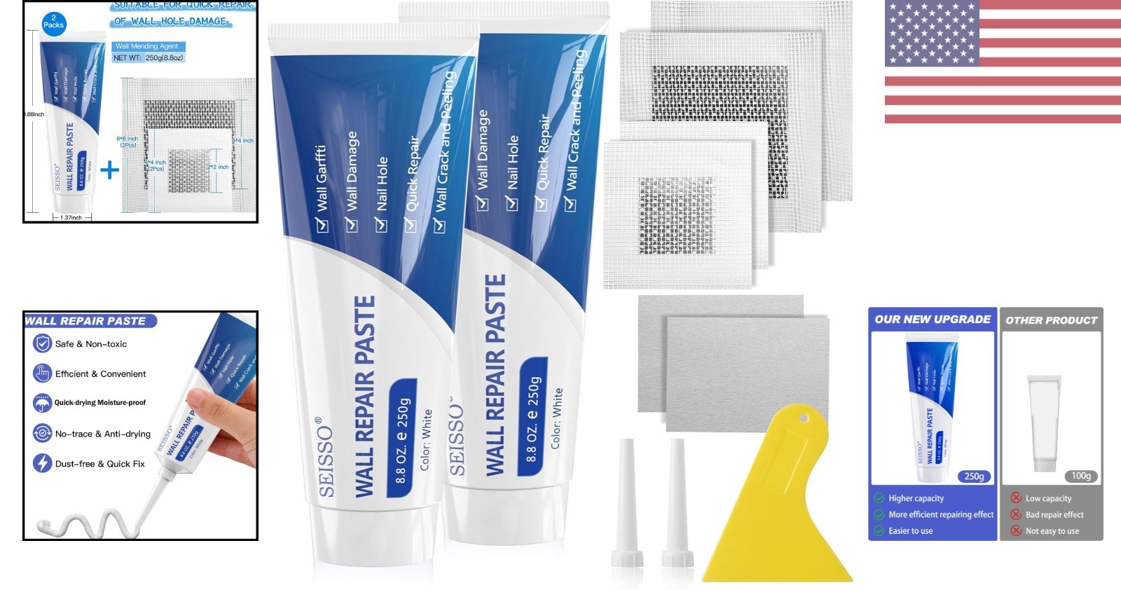 Ultimate Wall Repair Paste Kit - 2x250g with 4 Patches & Scraper for Fast Fixes
