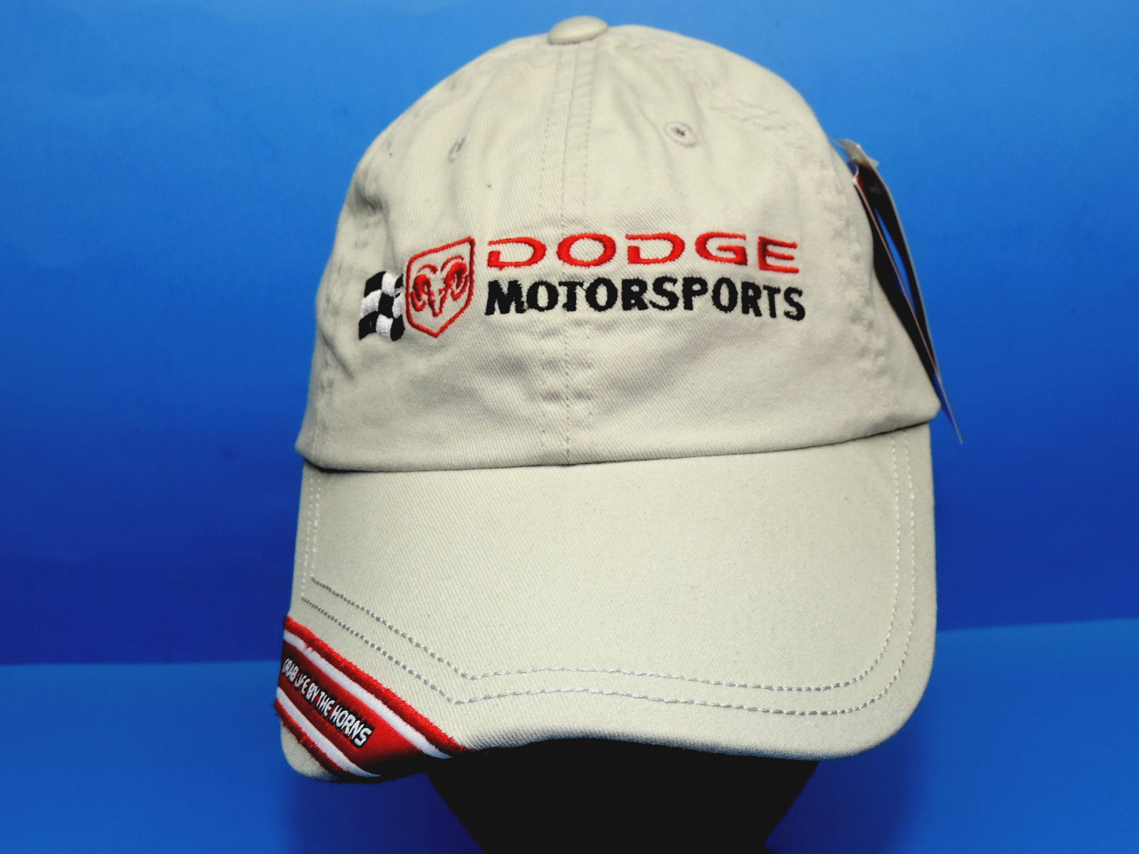 VTG DODGE MOTORSPORTS NASCAR CHECKER FLAG KHAKI HAT GRAB LIFE BY THE HORNS MOPAR