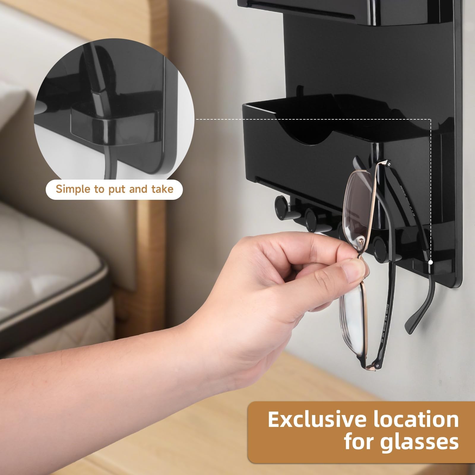 Bedside Wall Shelf with Glasses Hooks ，Adhesive Bedside Organizer Wall Mount ...
