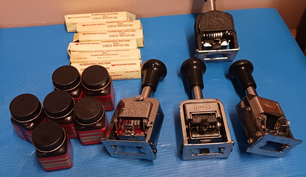 4 Vintage Numbering Machines Ink Stamps Bostitch Regal 607 & MORE STUFF
