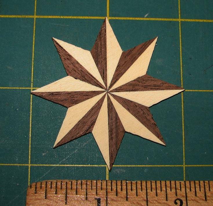 Wood Inlay Medallion - 8-Point Star, Walnut and Holly 2"