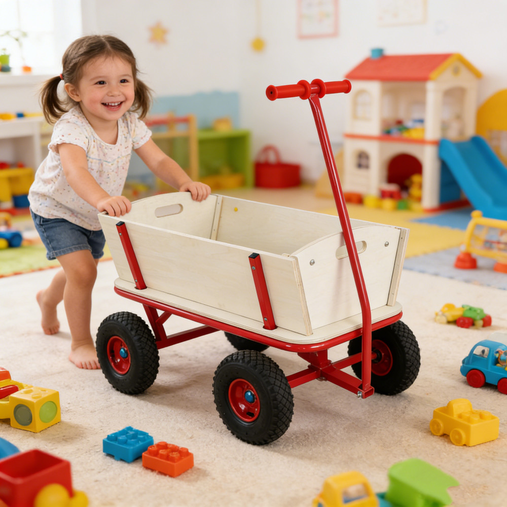 Kids Wooden Toy Wagon Red Outdoor Hauler - 260 lbs Load Capacity