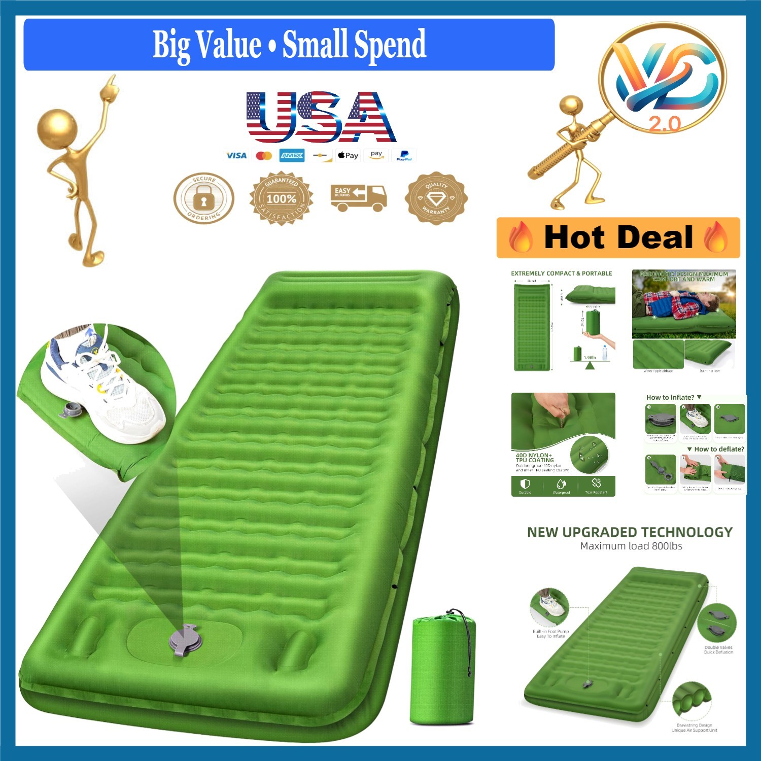 Extra Thick Camping Sleeping Pad with Pillow Built-in Pump Waterproof Green