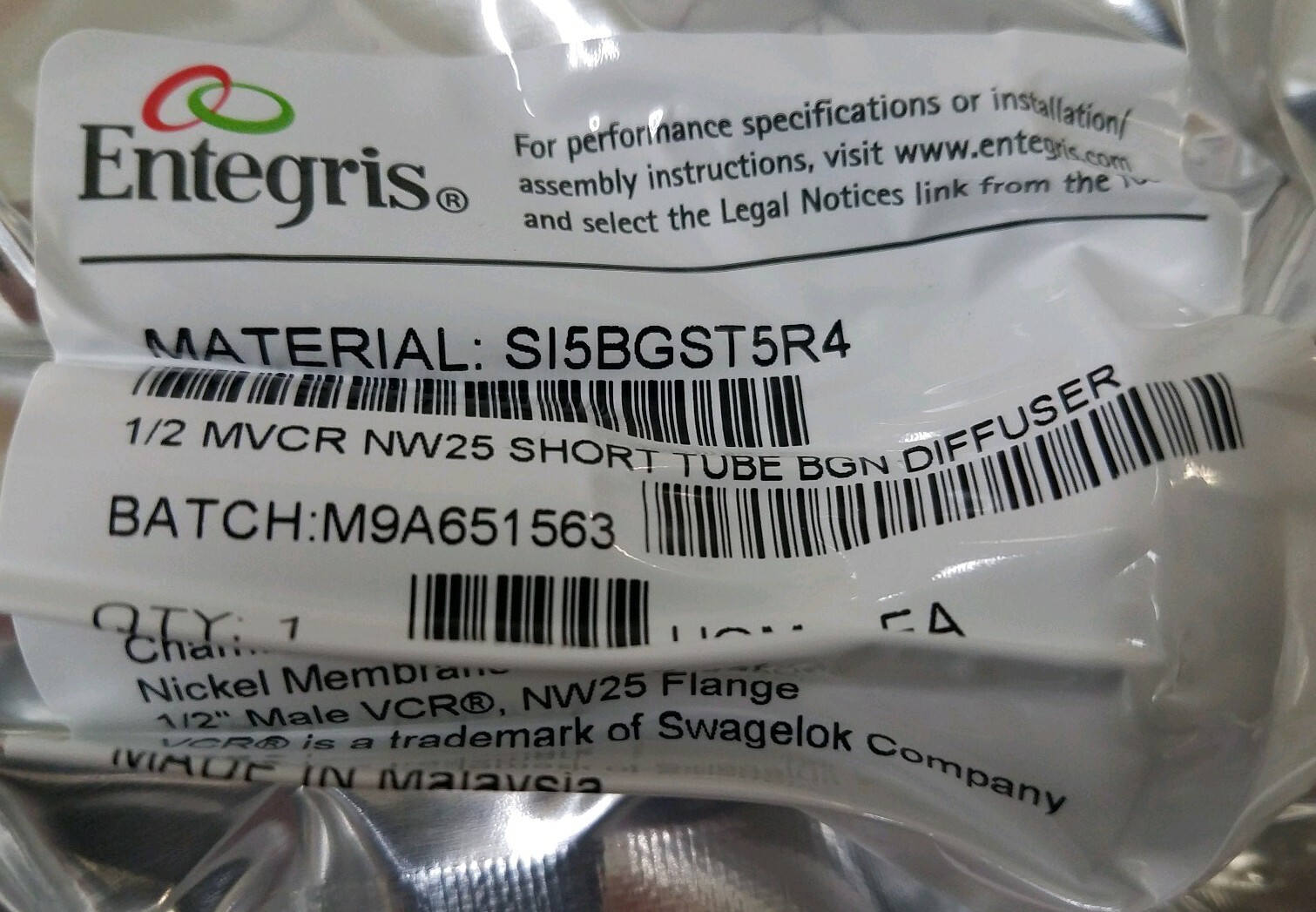 Entegris Swagelok SI5BGST5R4 Chambergard BGN Diffuser 1/2" Male VCR NW25 Flange