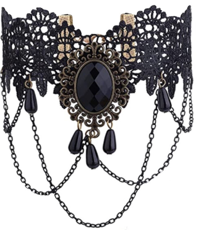 Gothic Victorian Black Lace Choker Necklace Tassel Chain Steampunk New 8225