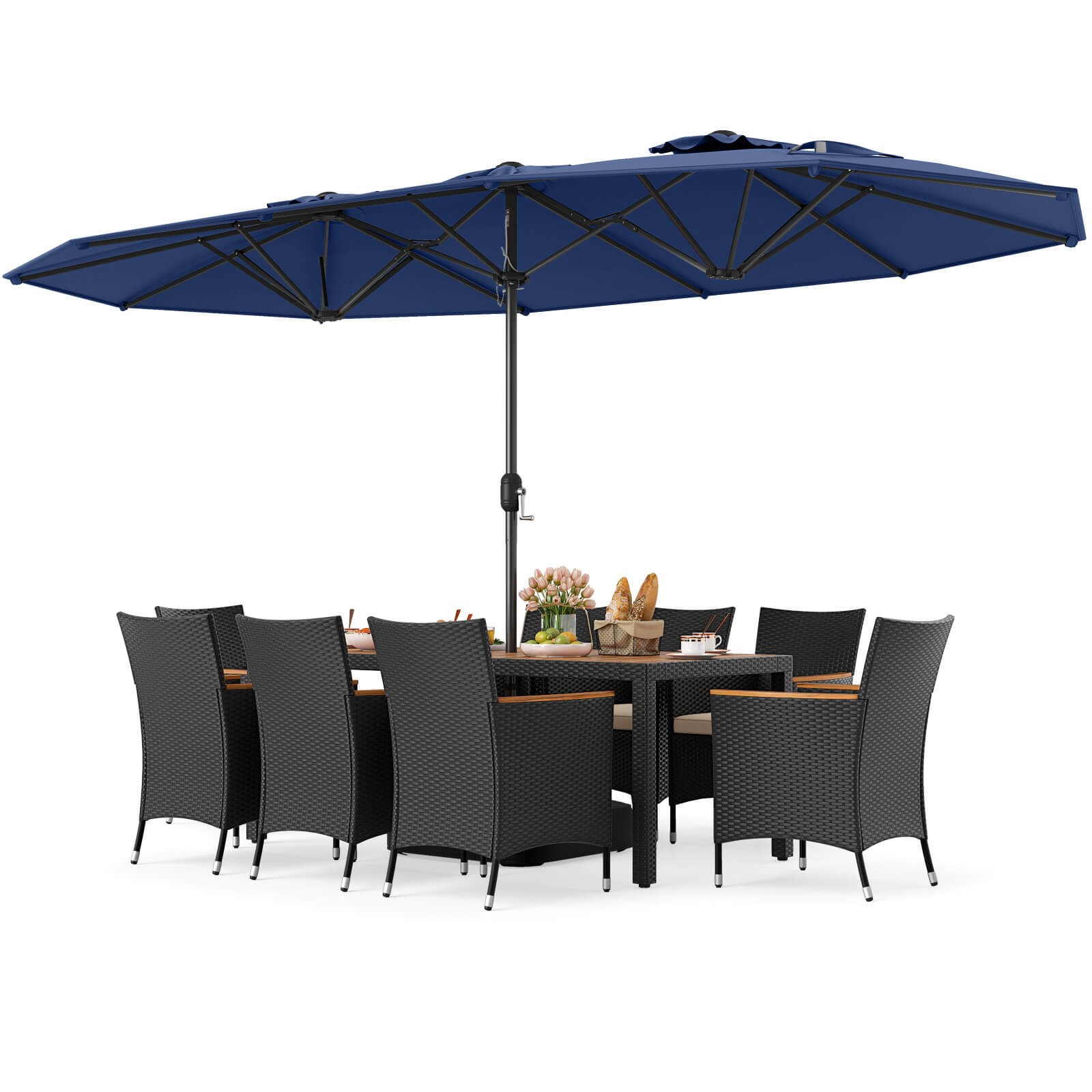 11PCS Patio Wicker Dining Set w/Double-Sided Outdoor Umbrella 8 Stackable Chairs