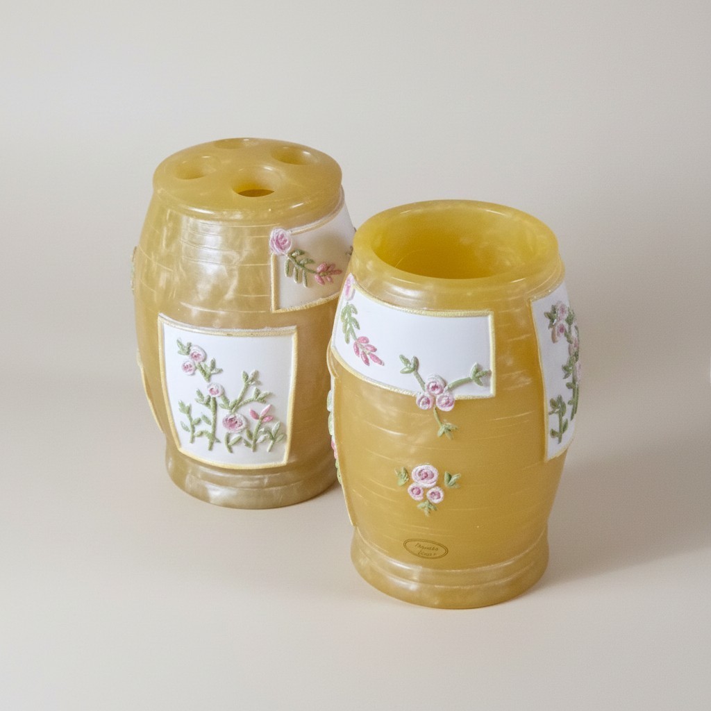 Popular Bath Floral Toothbrush Holder Tumbler Set Yellow Retired Bath VTG Decor