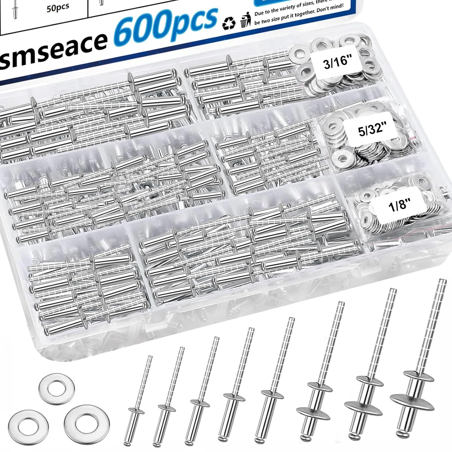 smseace 600Pcs Stainless Steel Pop Rivets with Washer Assortment Kit Silver