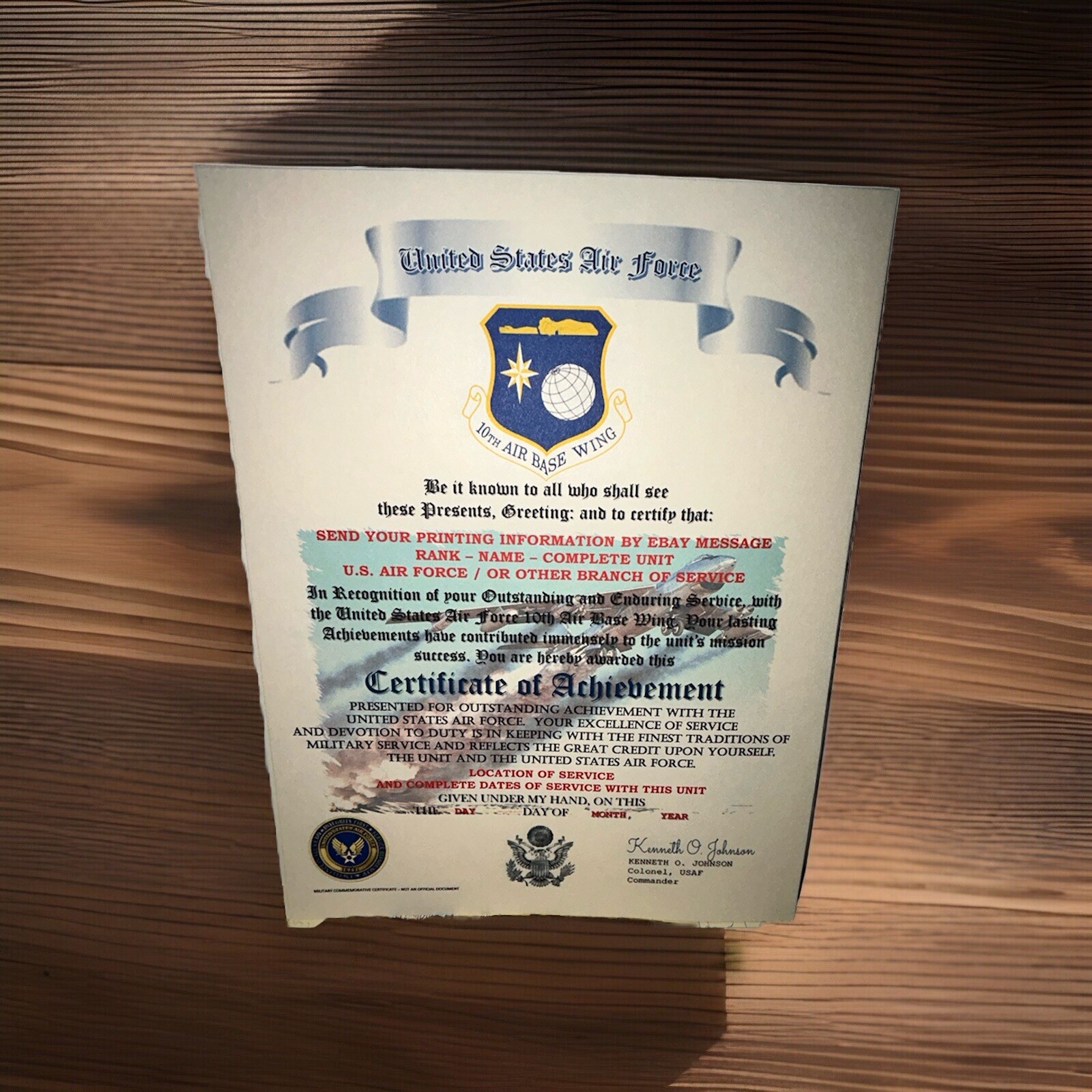 U.S.A.F. / AIR FORCE 10TH AIR BASE WING - CERTIFICATE OF ACHIEVEMENT
