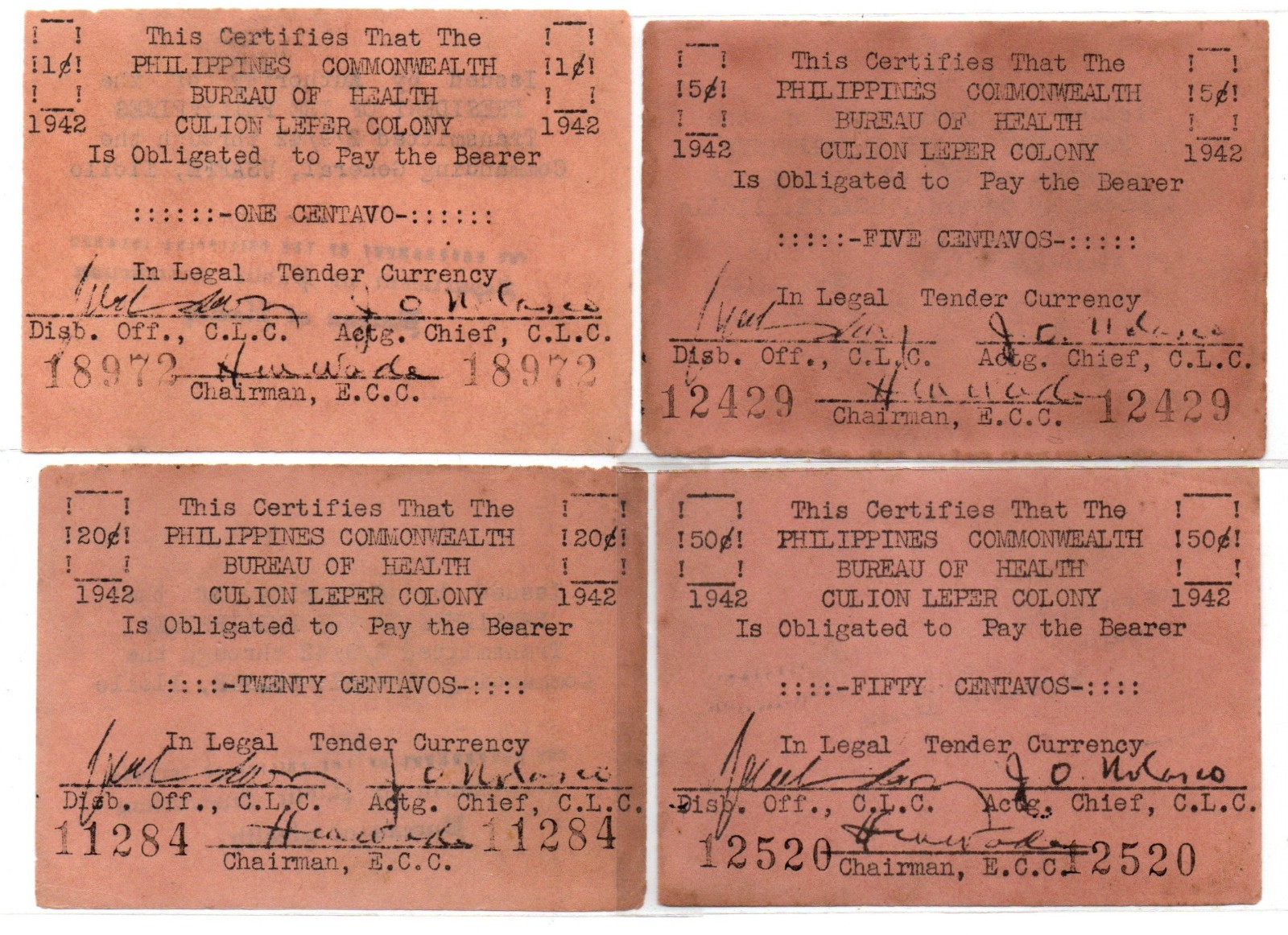 WW2 Money 1942 Philippines Culion S244 S251 S252 S253 1c 5c 20c 50 Centavos Set