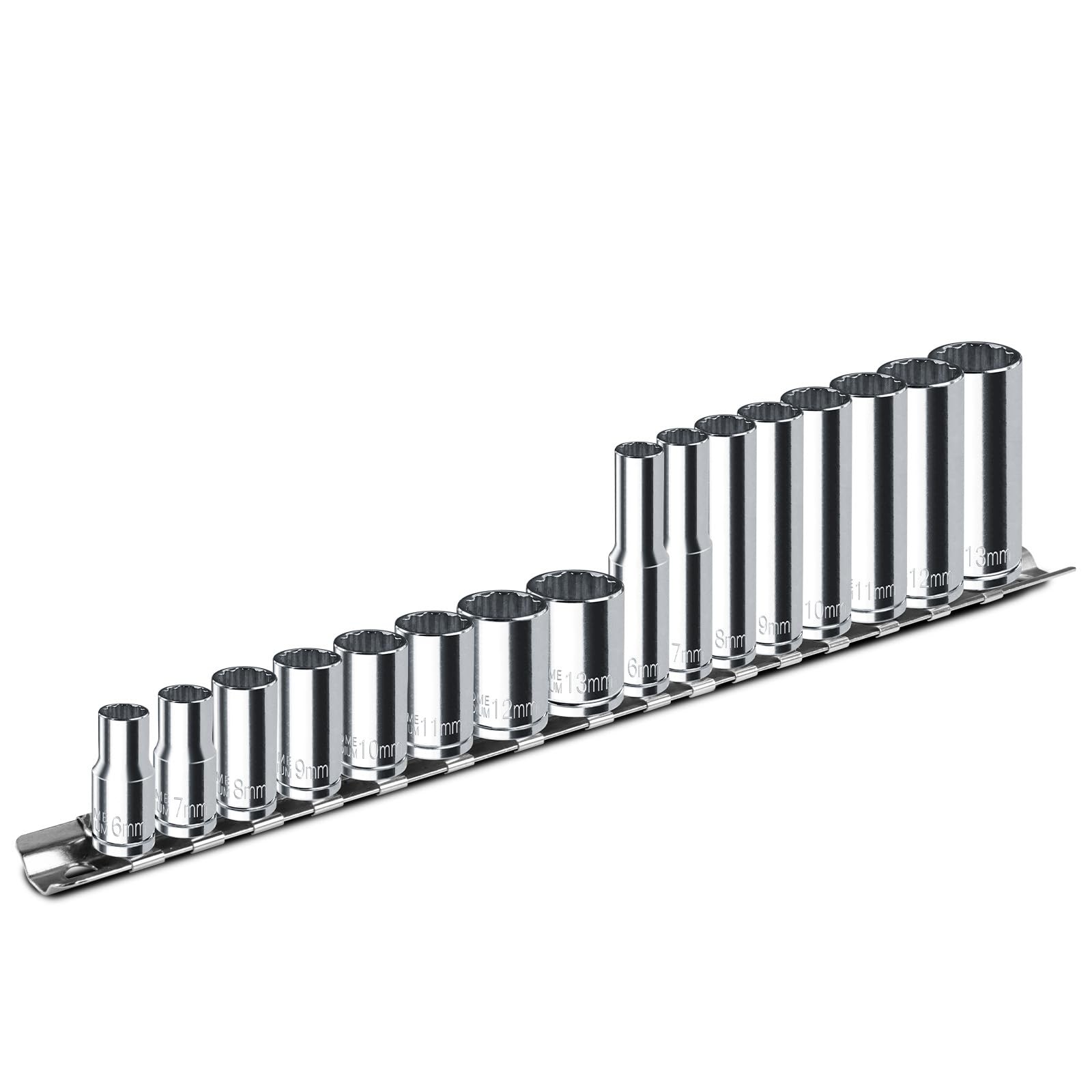 16PCS 1/4" Drive Socket Set, 12-Point Deep Shallow Sockets, Metric Size (6mm,...