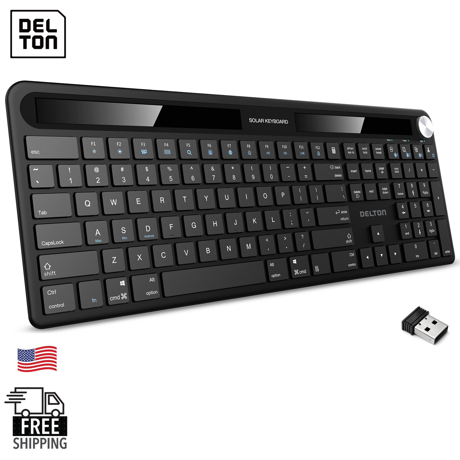 Delton KB90 Wireless Rechargeable Solar (Light) Powered Keyboard - Black