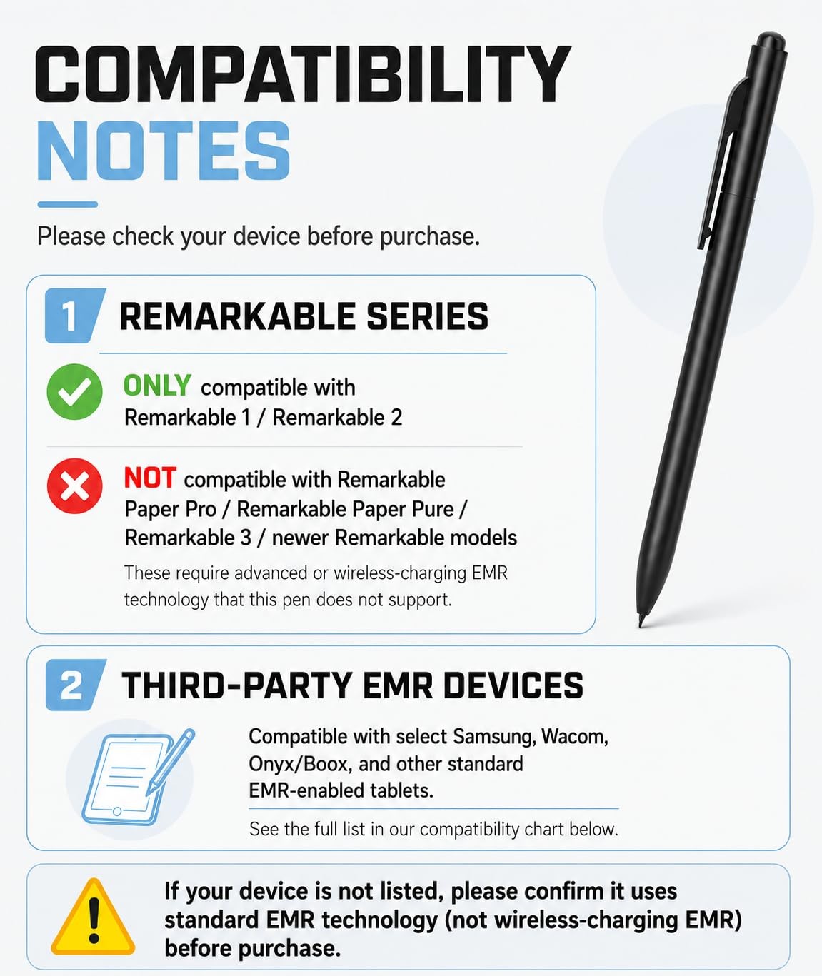 Pen for Remarkable 2, Non-Magnetic Stylus with Eraser, 5 Tips