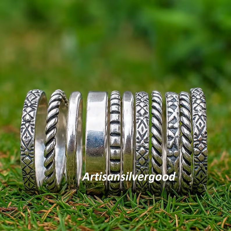 Oxidized 925 Silver Stackable Ring Set: Boho Tribal Style, 11 Piece All Size