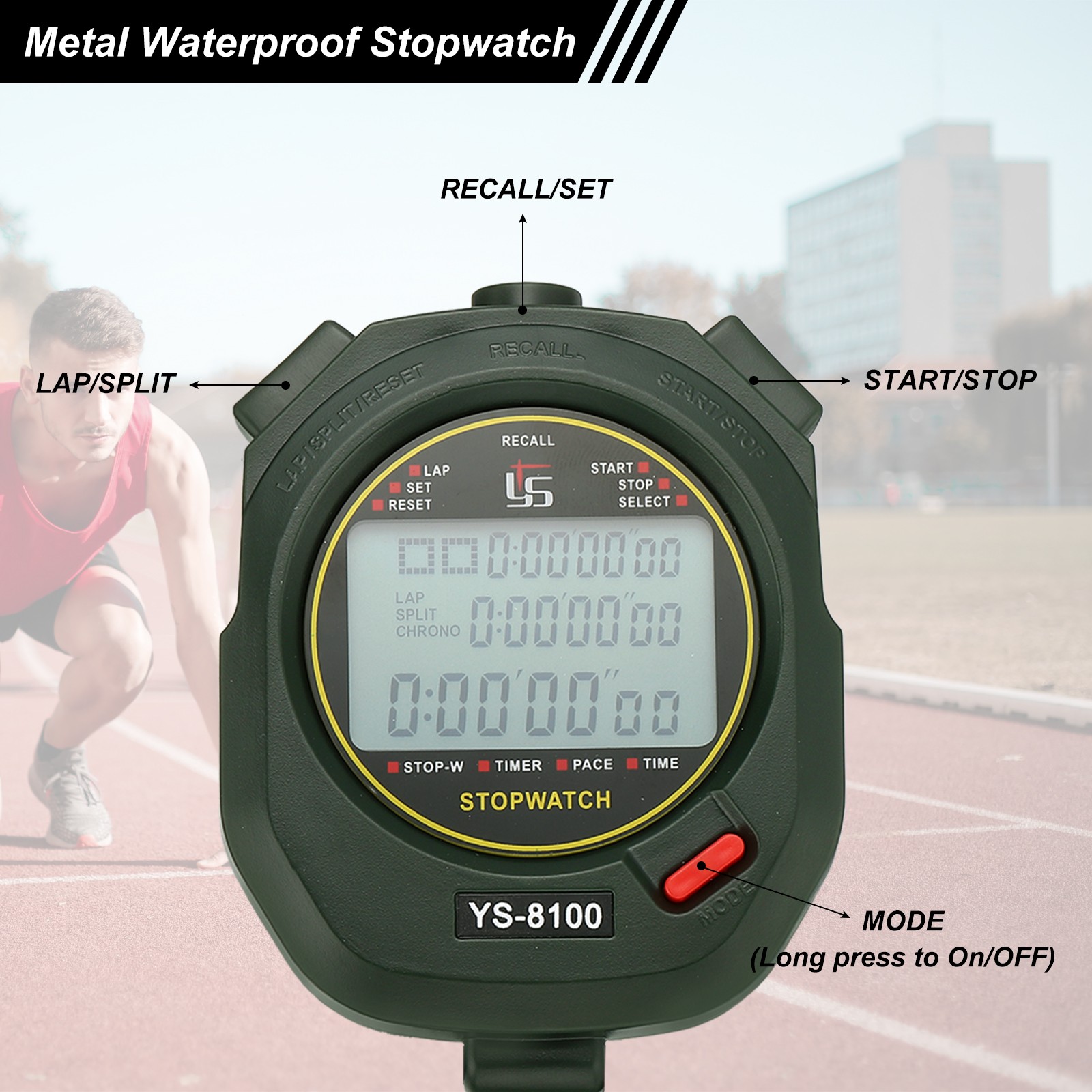 Professional Sport Stopwatch Timer 100 Lap Memory 0.01 Second Timing Green