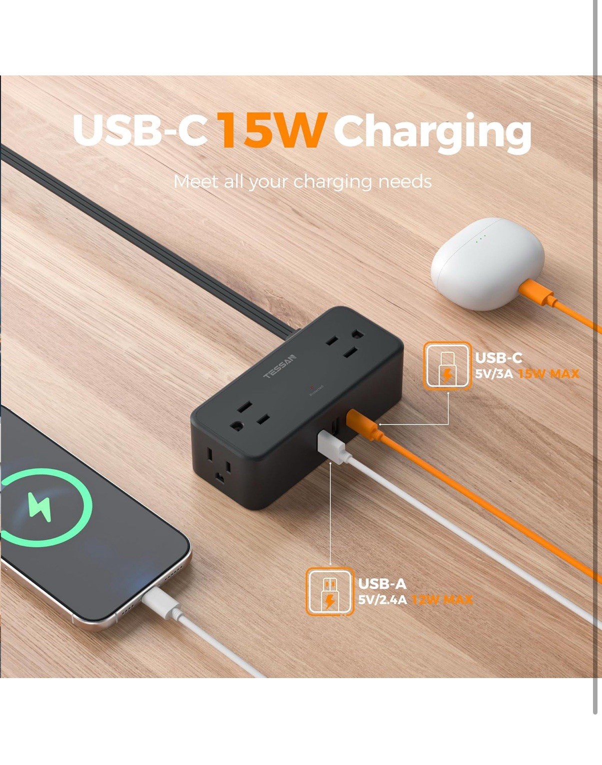 TESSAN Black Extension Cord 5 Ft, Flat Surge Protector