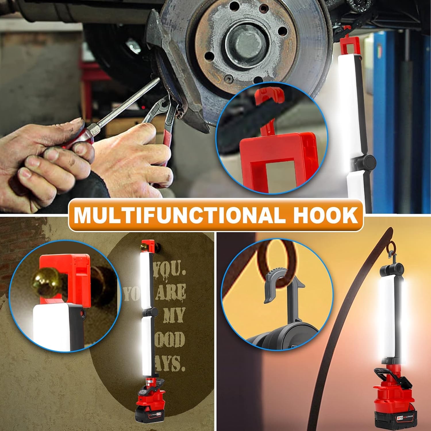 Clip-on Cordless Handheld LED Work Light Flashlight for Milwaukee 18V Battery