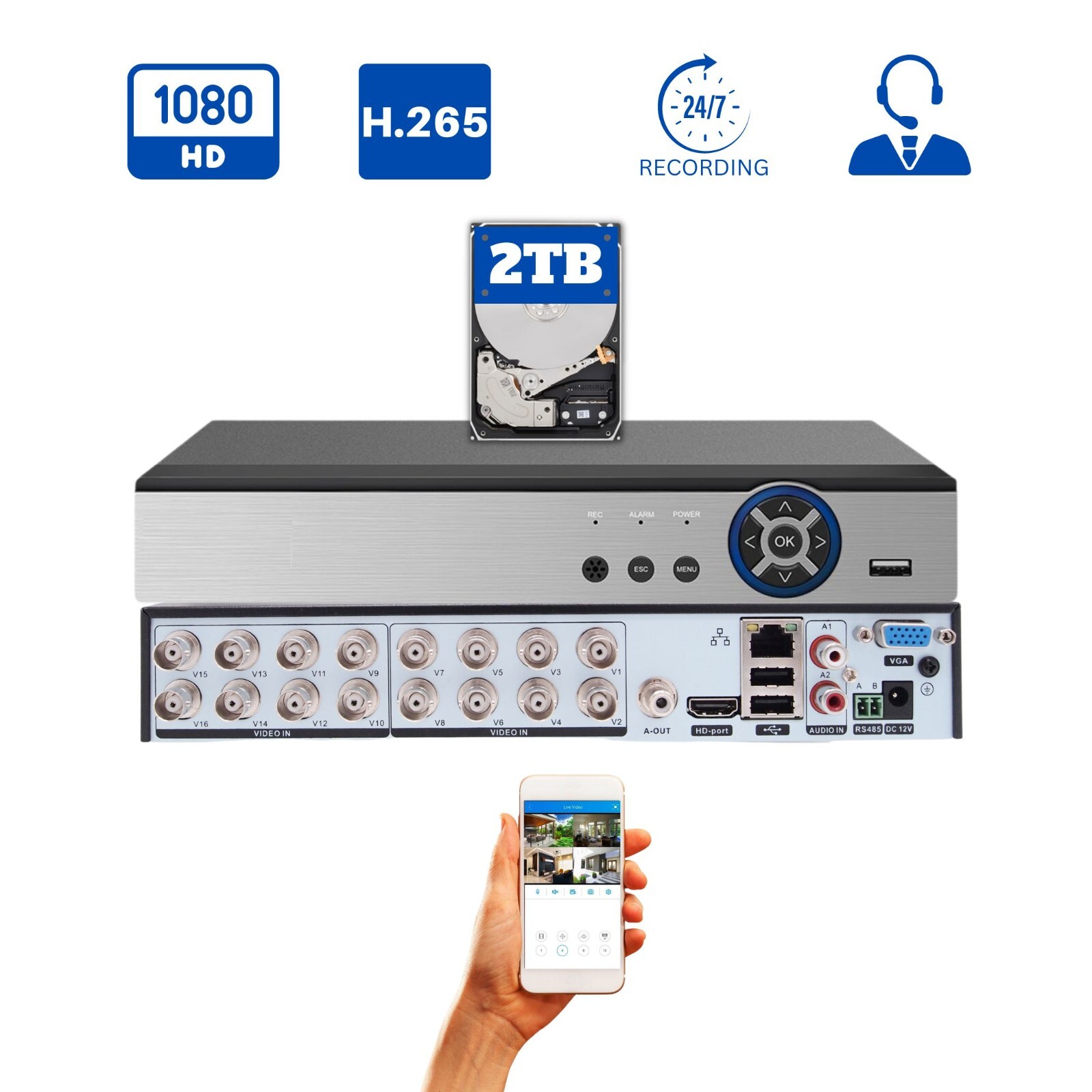 Evertech 16 Channel H.265 Digital Video Recorder with 2TB for Security Systems