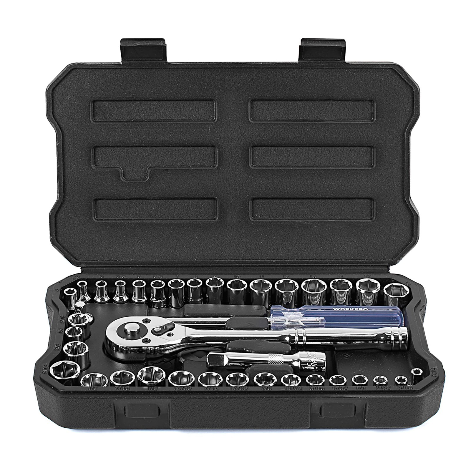 39-Piece Drive Socket Set - Metric & SAE, Quick-Release Ratchet, Extensions, Com