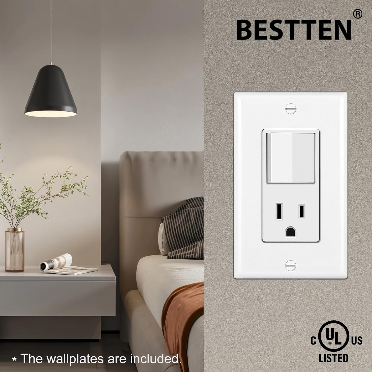 BESTTEN 2 Pack Combination Wall Light Switch and Decor Outlet, Single Pole Rocke