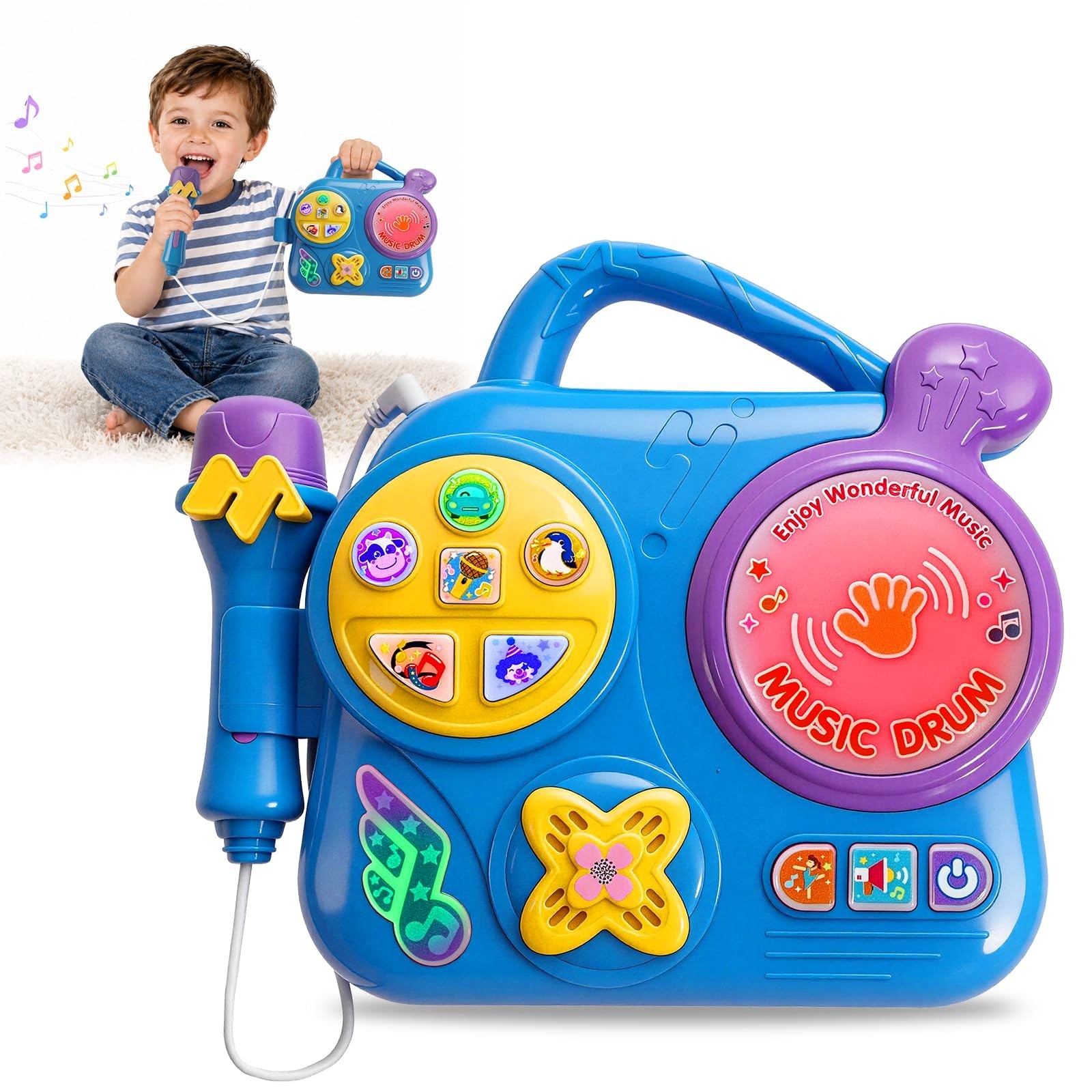 Kids Karaoke Machine with Microphone: Toddler Music Player & Light-Up Drum -...