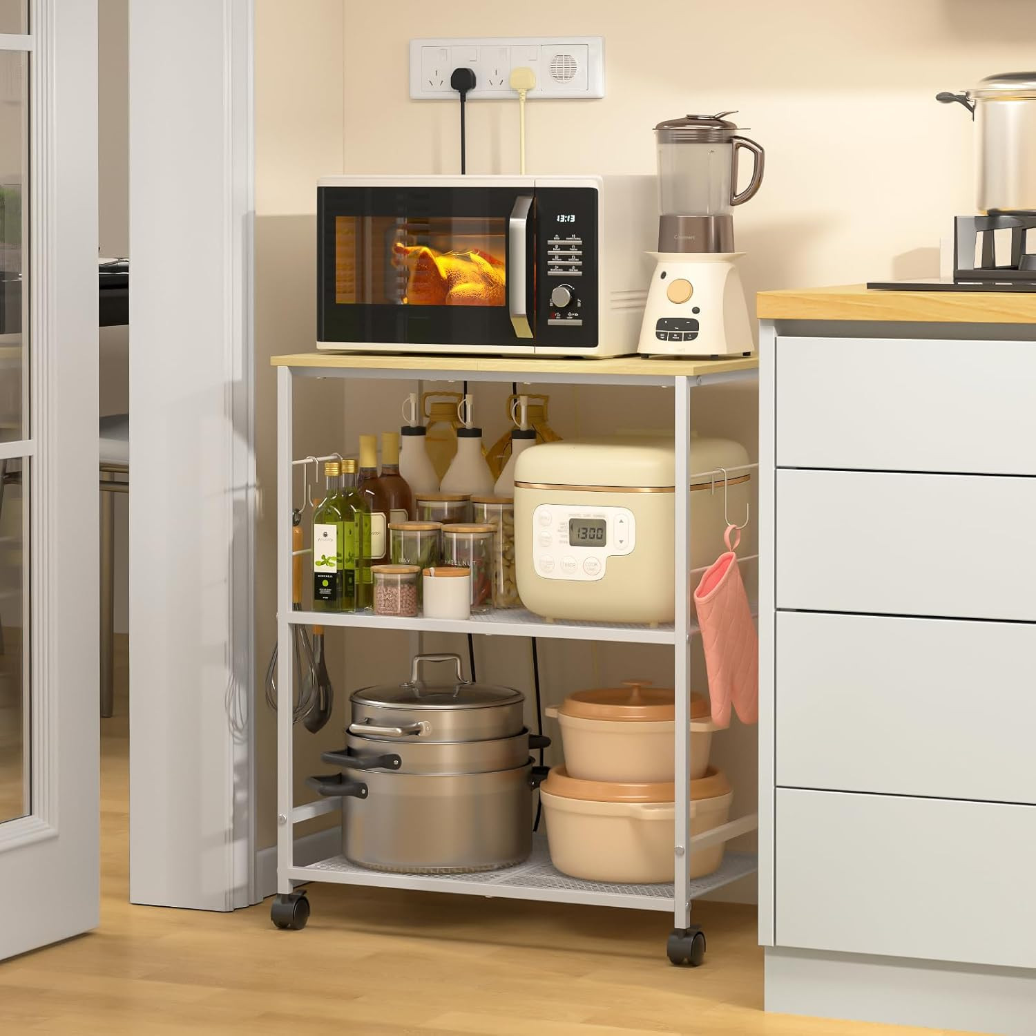 Rolling Kitchen Microwave Cart, 3 Tier Microwave Table Stand with Storage, Kitch