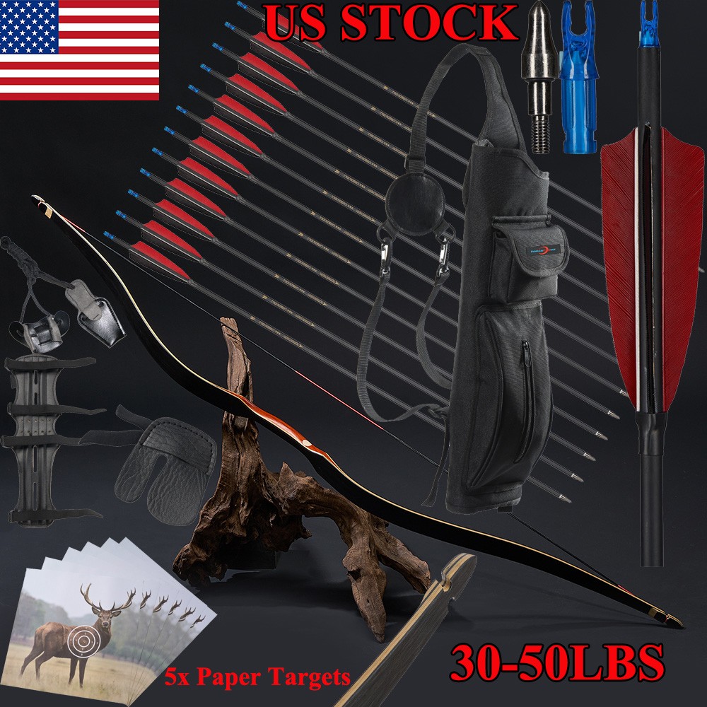 60" Traditional Archery Longbow Recurve Bow Wooden&Carbon Arrows Outdoor Hunting