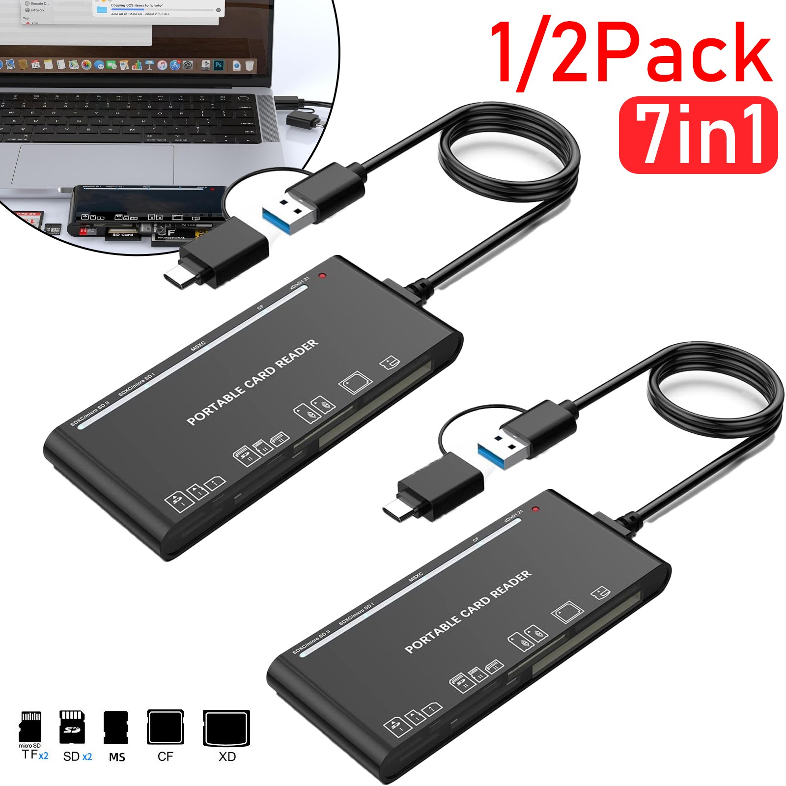 1-2PCS 7in1 USB 3.0 Memory Card Reader Adapter Hub  for SD CF TF Micro SD XD MS