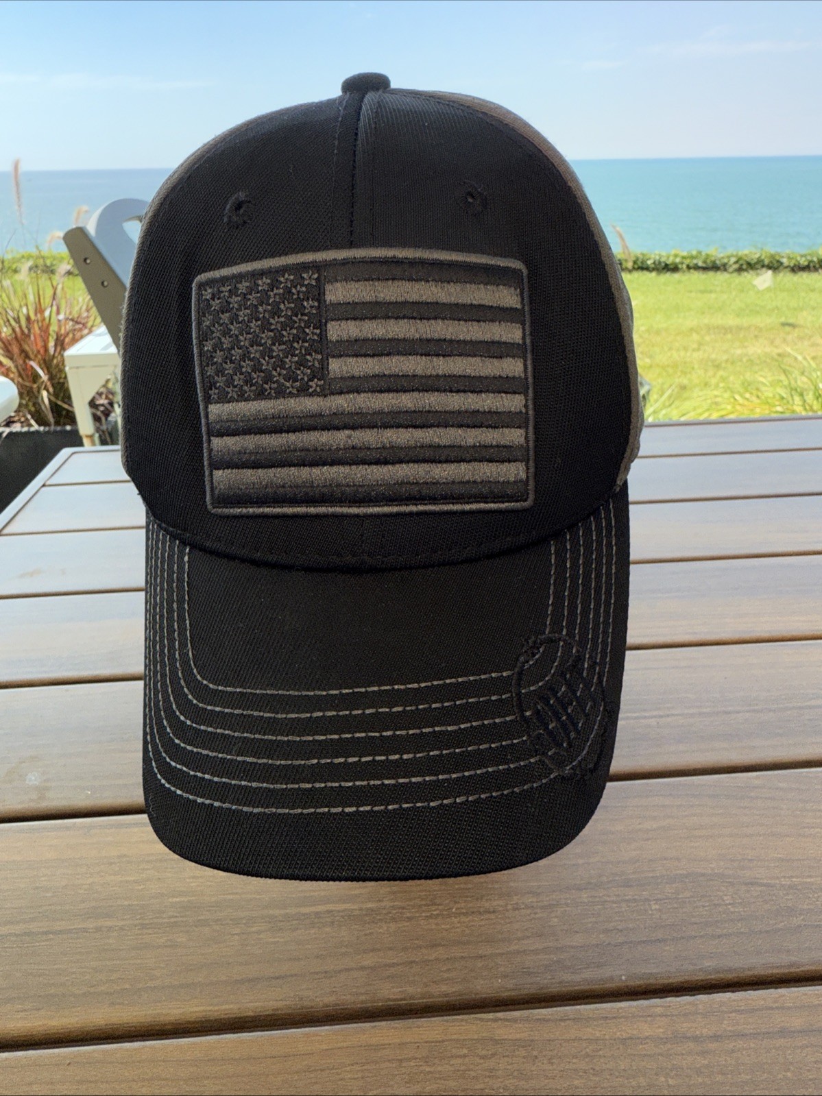 OHT Black Gray W American Flag Hat Cap Hook Loop Fan Favorite EUC