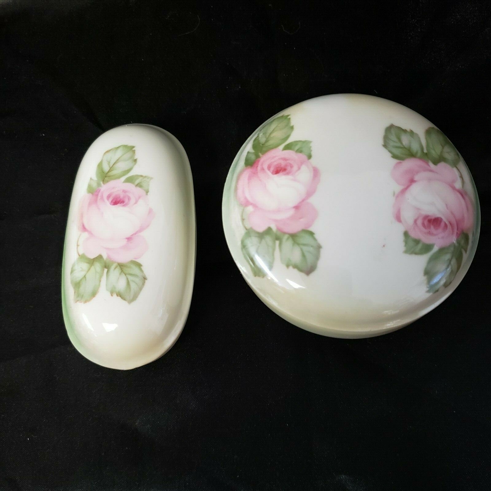 Pair of German Transferware Trinket Boxes 1 Marked RS Germany Roses