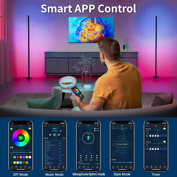 2× 47" Smart LED Floor Lamp RGB Remote & APP Control Music Sync Corner Lighting