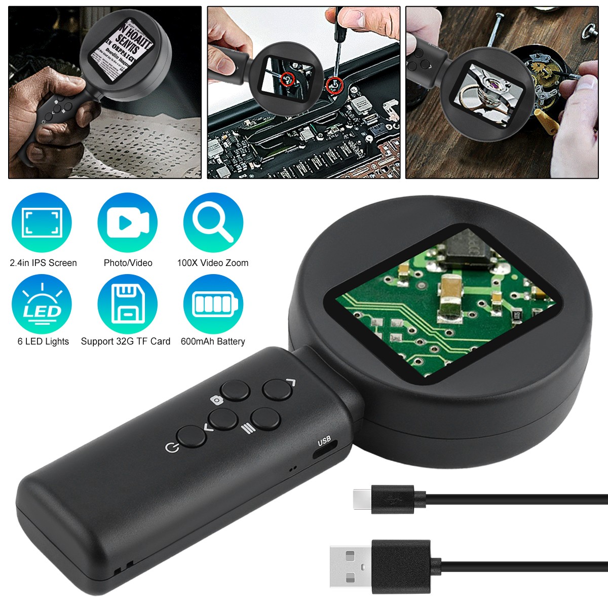 100x Digital Microscope 1080P 2.4inch Video Coin Microscop w/ Magnifying Glass