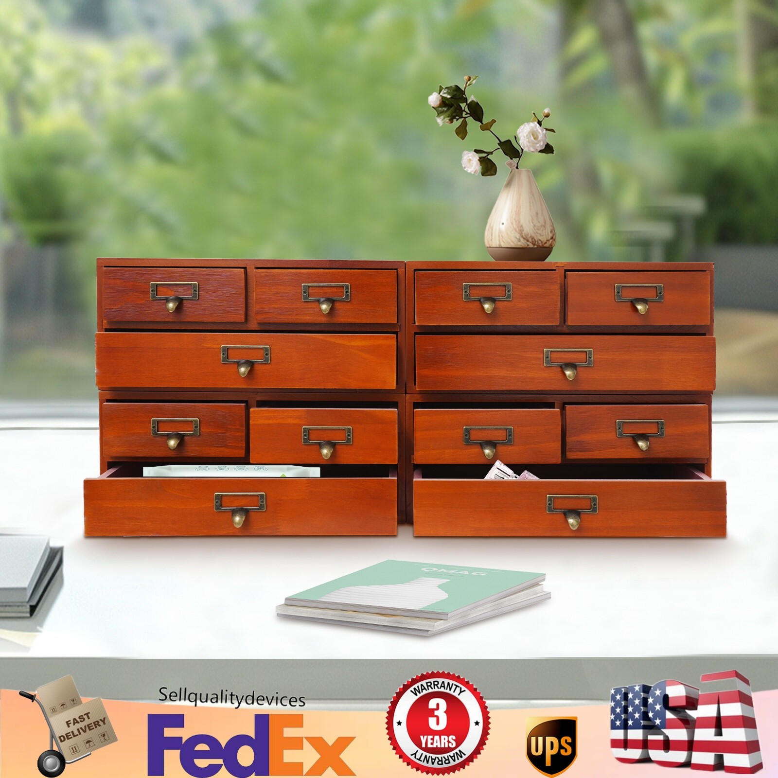 4 Pack 3 Drawer Wooden Desktop Organizer Drawer Storage Box For Tabletop- Brown