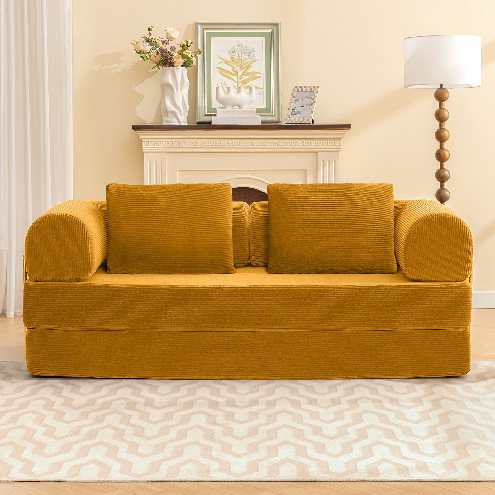Compressed Foam Sofa Corduroy Ginger 79" Contemporary Sleeper Couch
