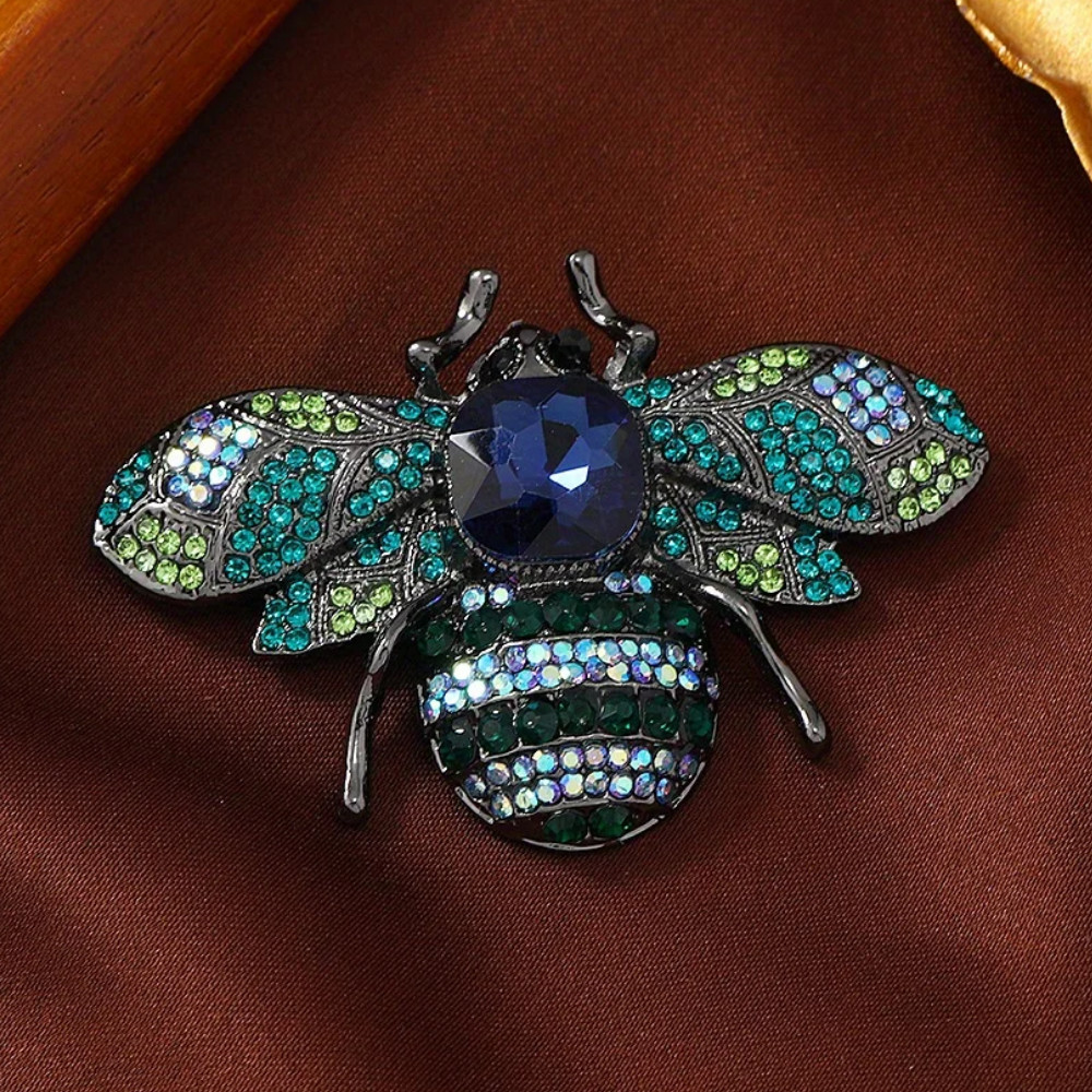 Retro Blue Crystal Bee Gold Brooch Pin - Rhinestone Insect Jewelry Summer Gift