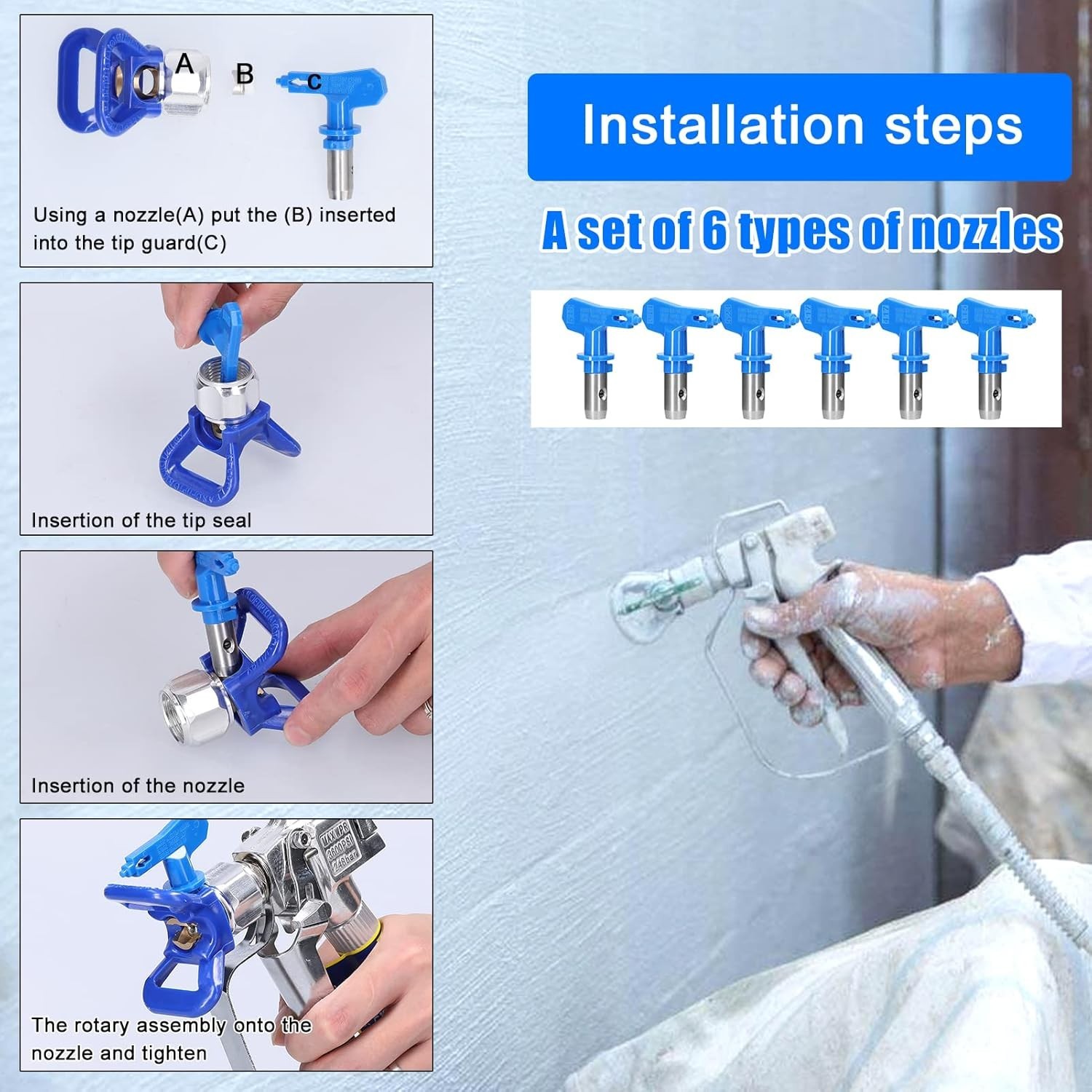 Airless Spray Tips Set 6-Types with Nozzle Seats for Paint Sprayers