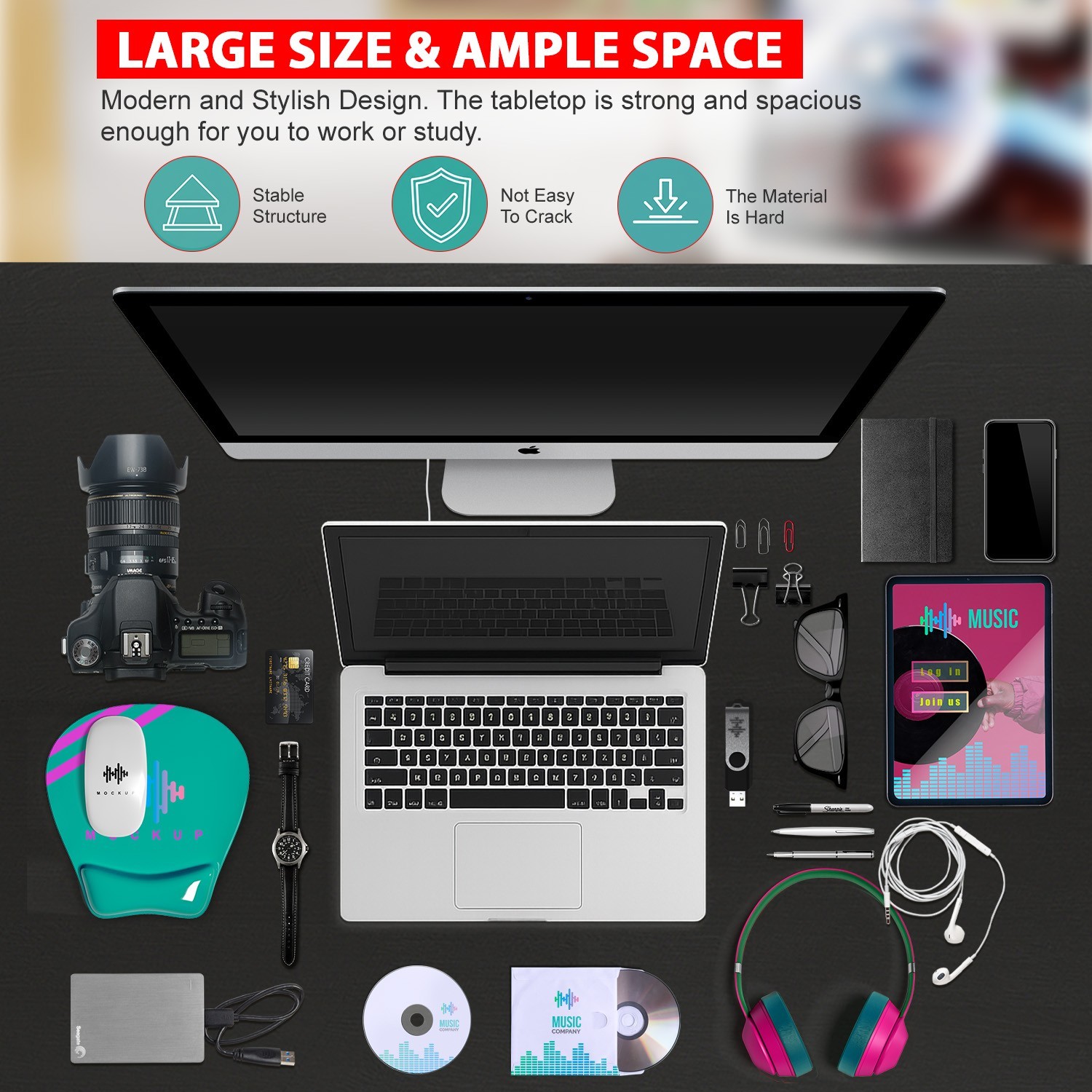 55 Inch Computer Desk Black Office Desk with Metal Frame, Scratchproof Surface