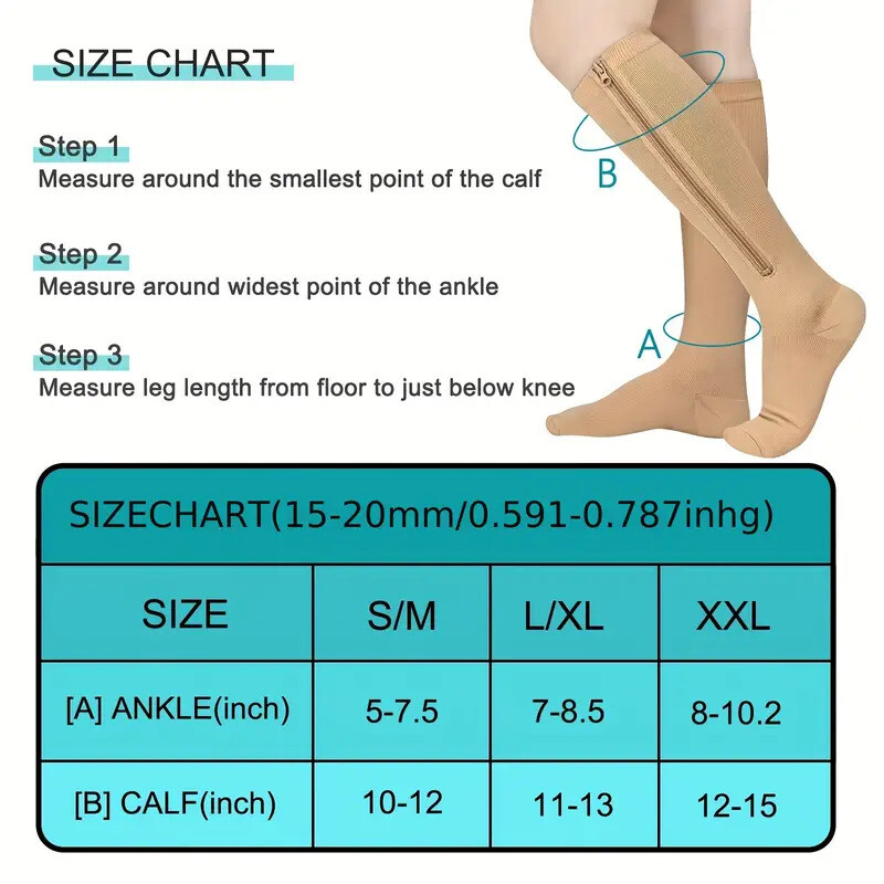 （3 Pairs）Medical 15-20 mmHg Closed Toe Graduated Zippered Compression Stocking