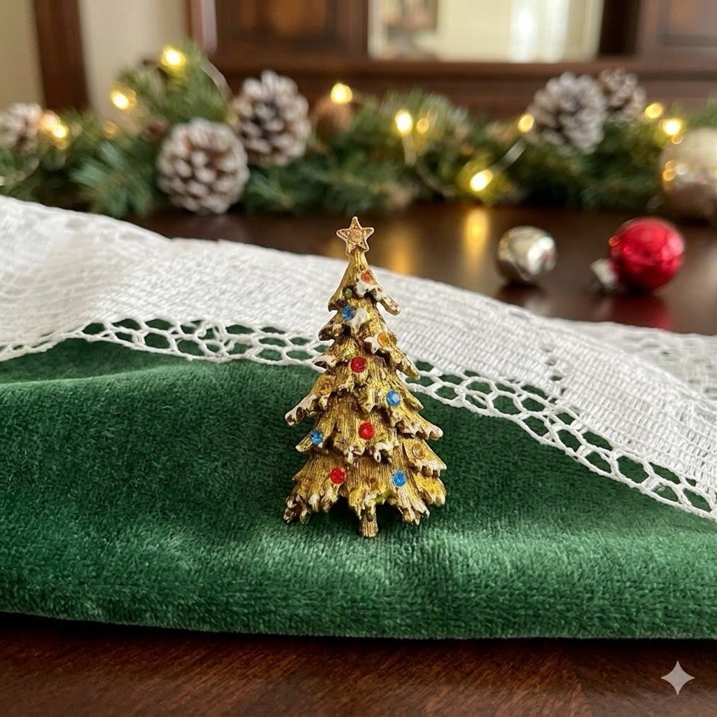 Vtg Signed ART Arthur Pepper Christmas Tree Pin Rhinestone Ornaments Brooch