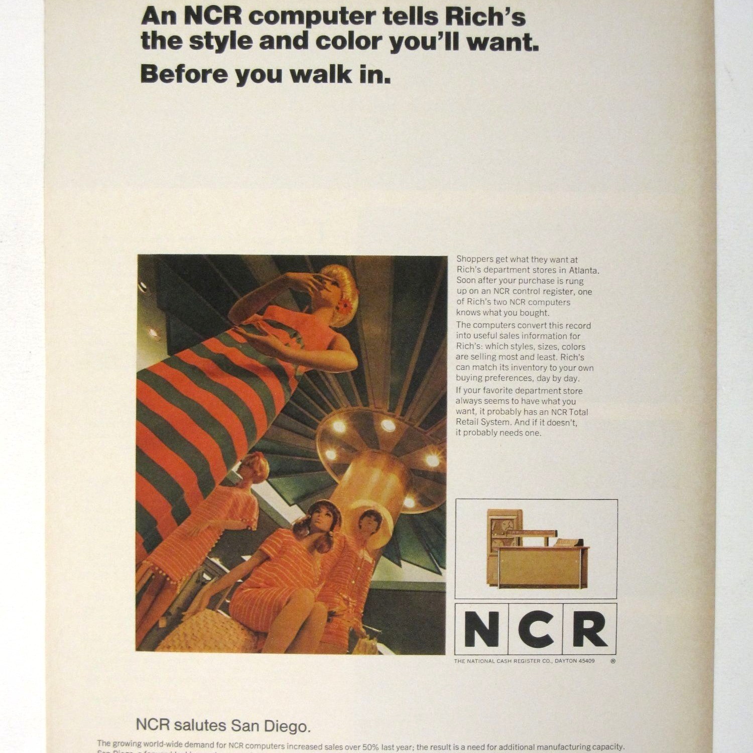 Print Ad NCR Computer MOD Fashion Tells Richs Style Walk 1960s San Diego AD