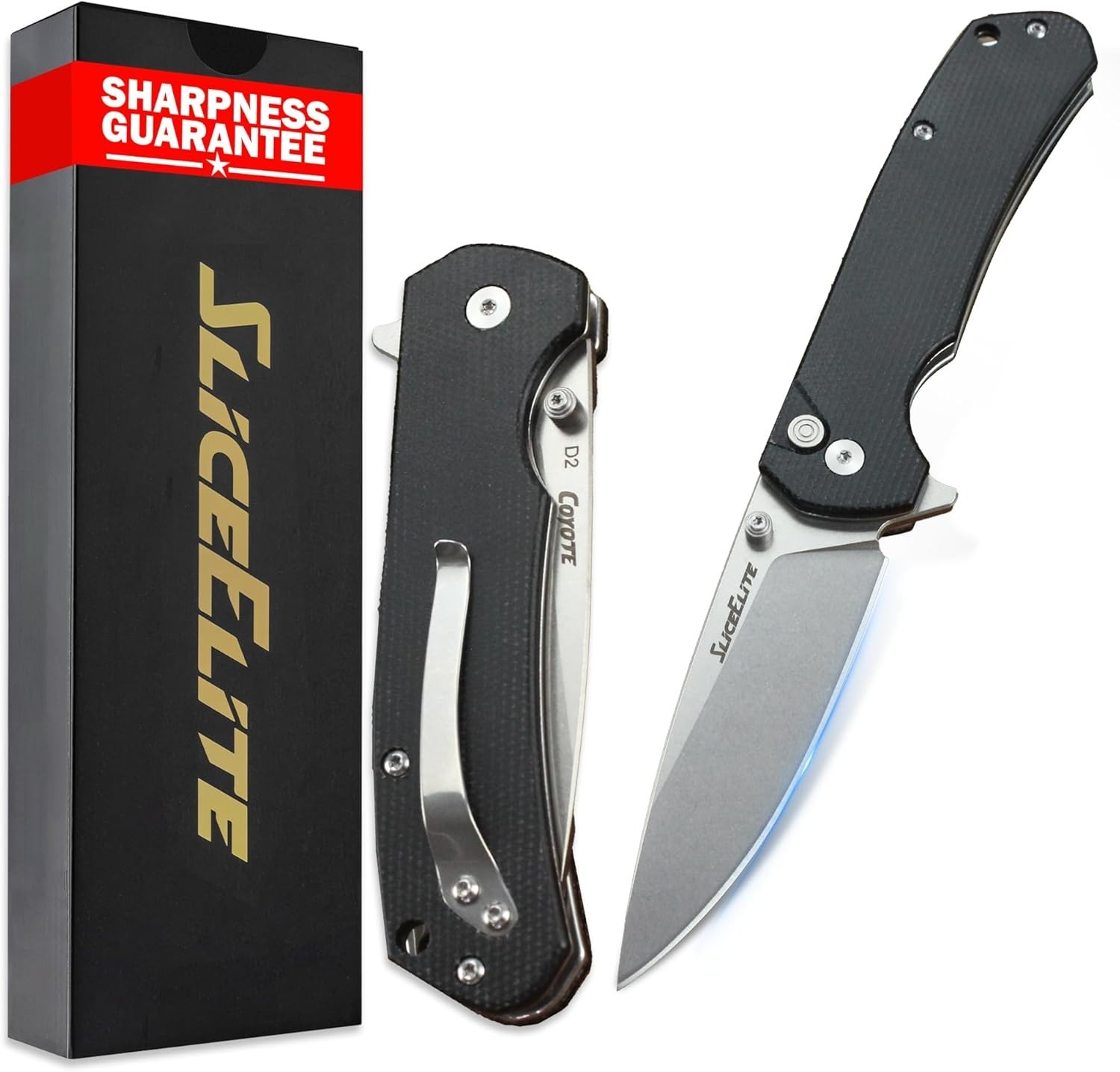 SliceElite Coyote EDC Knife 3.5'' D2 Steel Drop Point Blade Black Micarta Handle