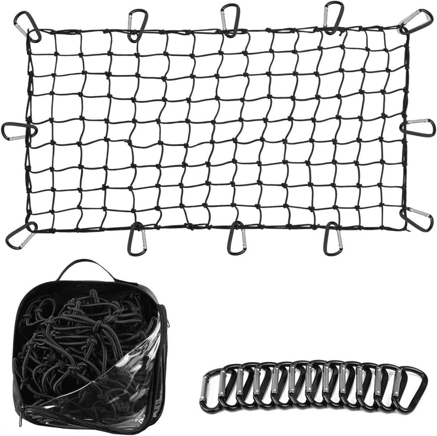 Truck Bed Cargo Net – 4 x 6 Foot, Heavy-Duty Elastic Mesh with 12 Black Cl