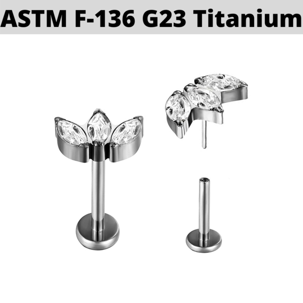 16G 1/4" G23 TITANIUM THREADLESS PUSH IN 3-MARQUISE FAN CZ TRAGUS LABRET STUD