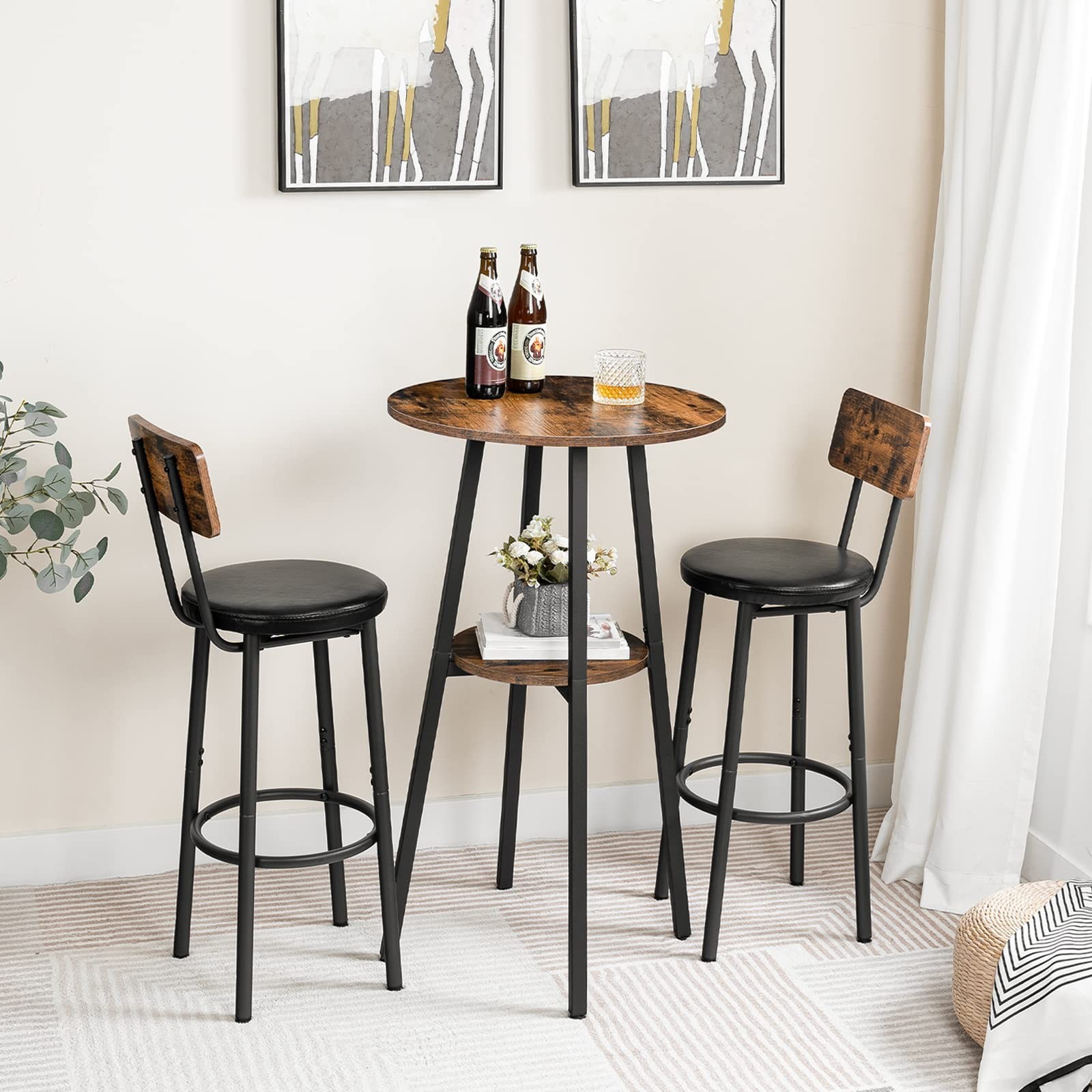 Round Pub Table with Storage, 37.4" High Top for Small Spaces, Easy Assembly, Ru