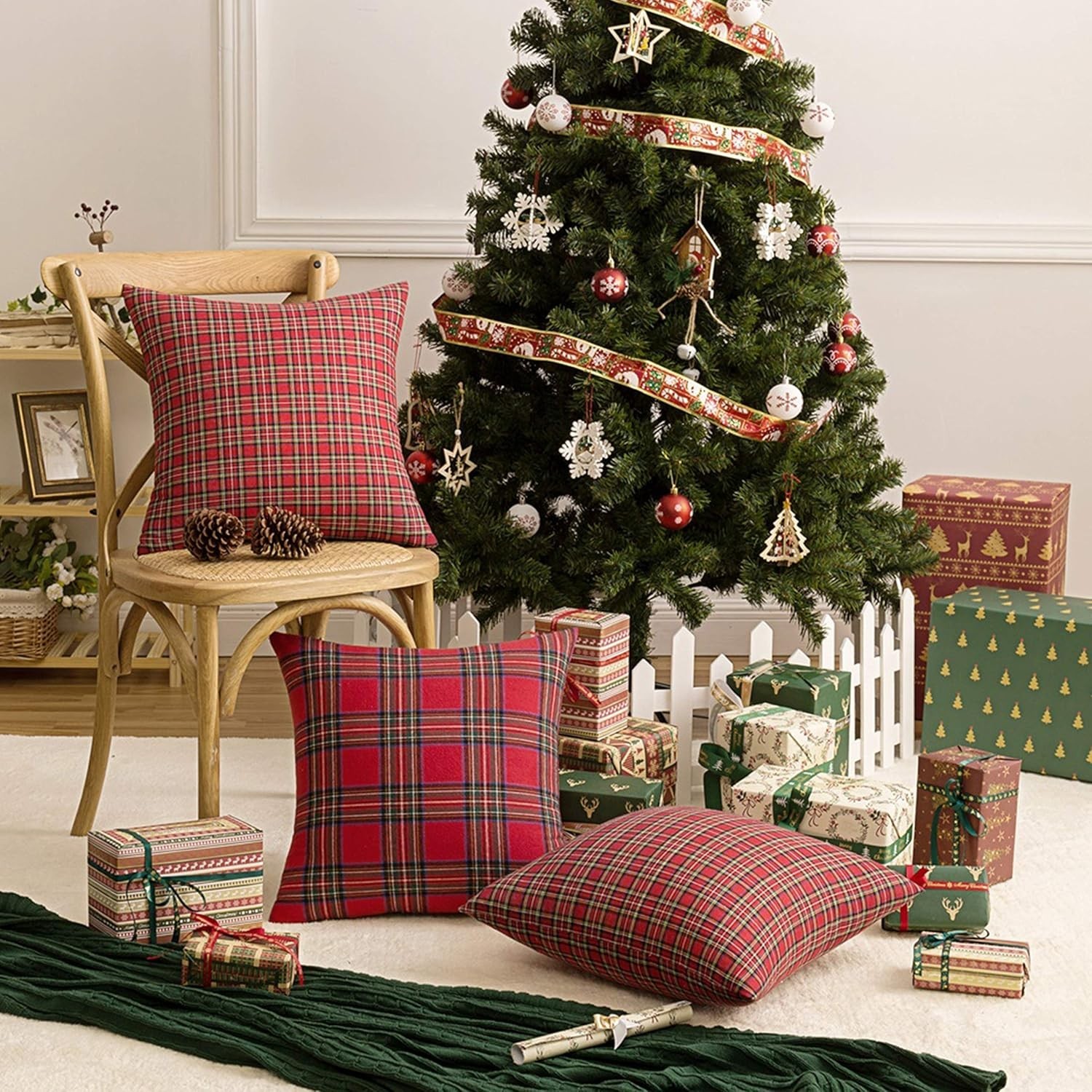 Christmas Plaid Pillow Covers Set of 2 20x20 Inches Red Green Tartan Decor