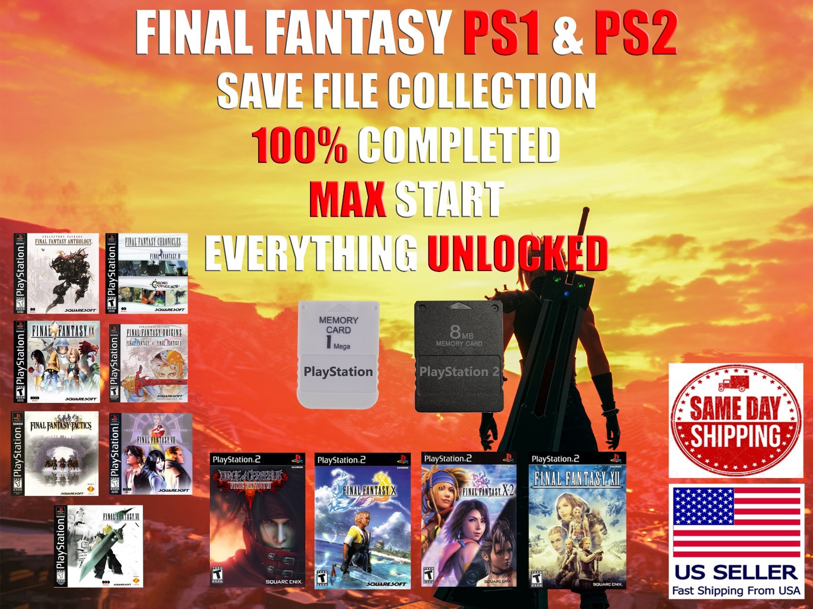Final Fantasy 7 8 9 PS1 PS2 Save Collection Memory Card 100% Completed Unlocked