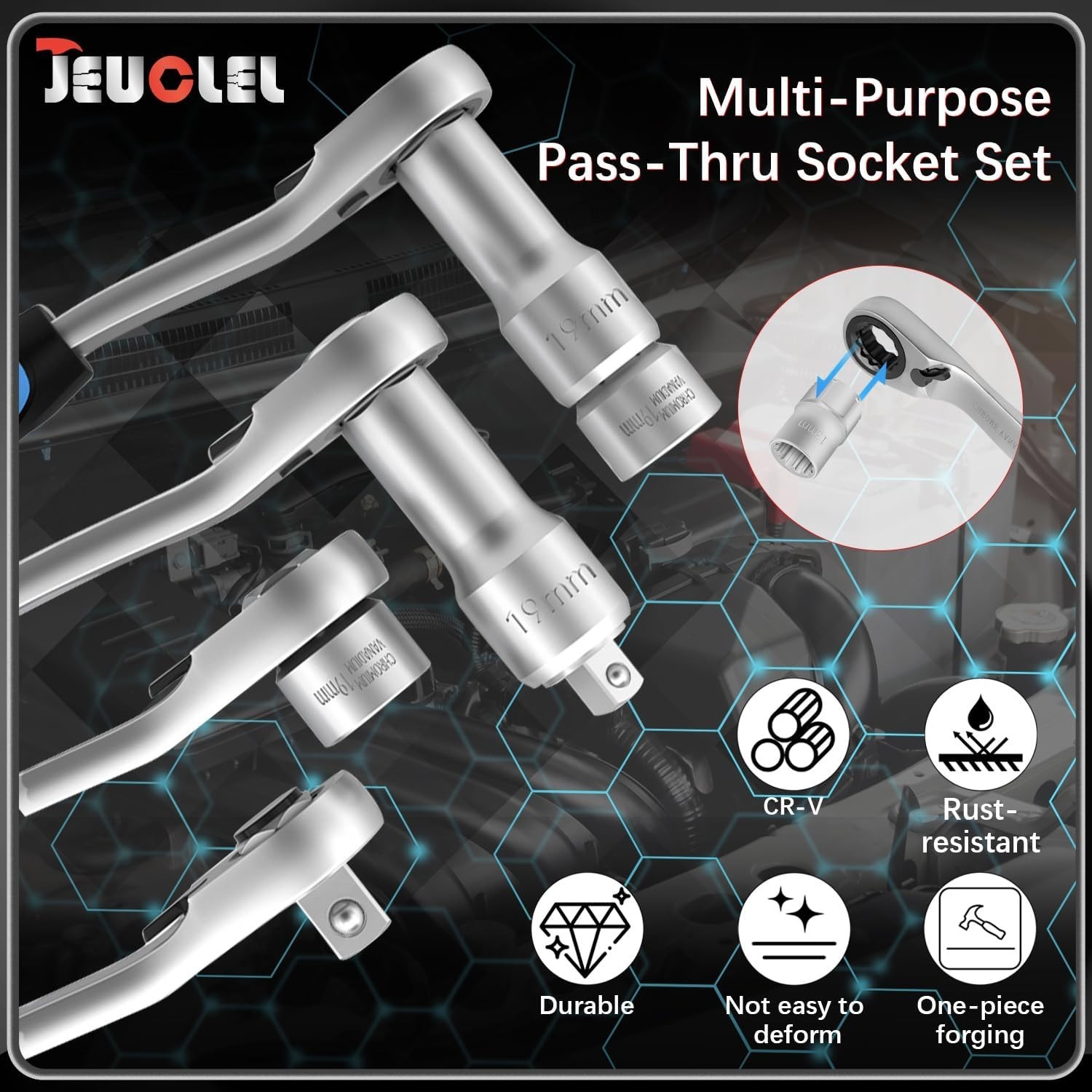 17PCS Pass Through Socket Set Chrome Vanadium Steel Space-Saving Efficient Grip