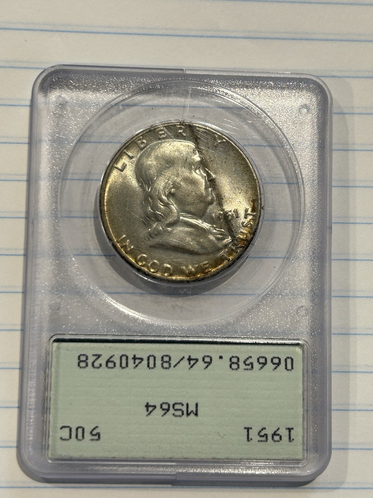 1951 Toned 50C Franklin Half Dollar MS64 PCGS 8040928 "Rattler" Holder